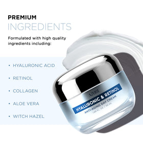 Azure Cosmetics ingredient label closeup listing hyaluronic and retinol benefits