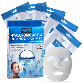 Azure Cosmetics front packaging showing five mask sachets and branding benefit visible