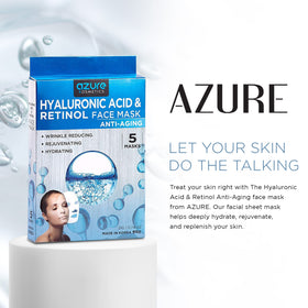 Azure Cosmetics sheet mask in a bathroom spa setting illustrating relaxation and rejuvenation benefit