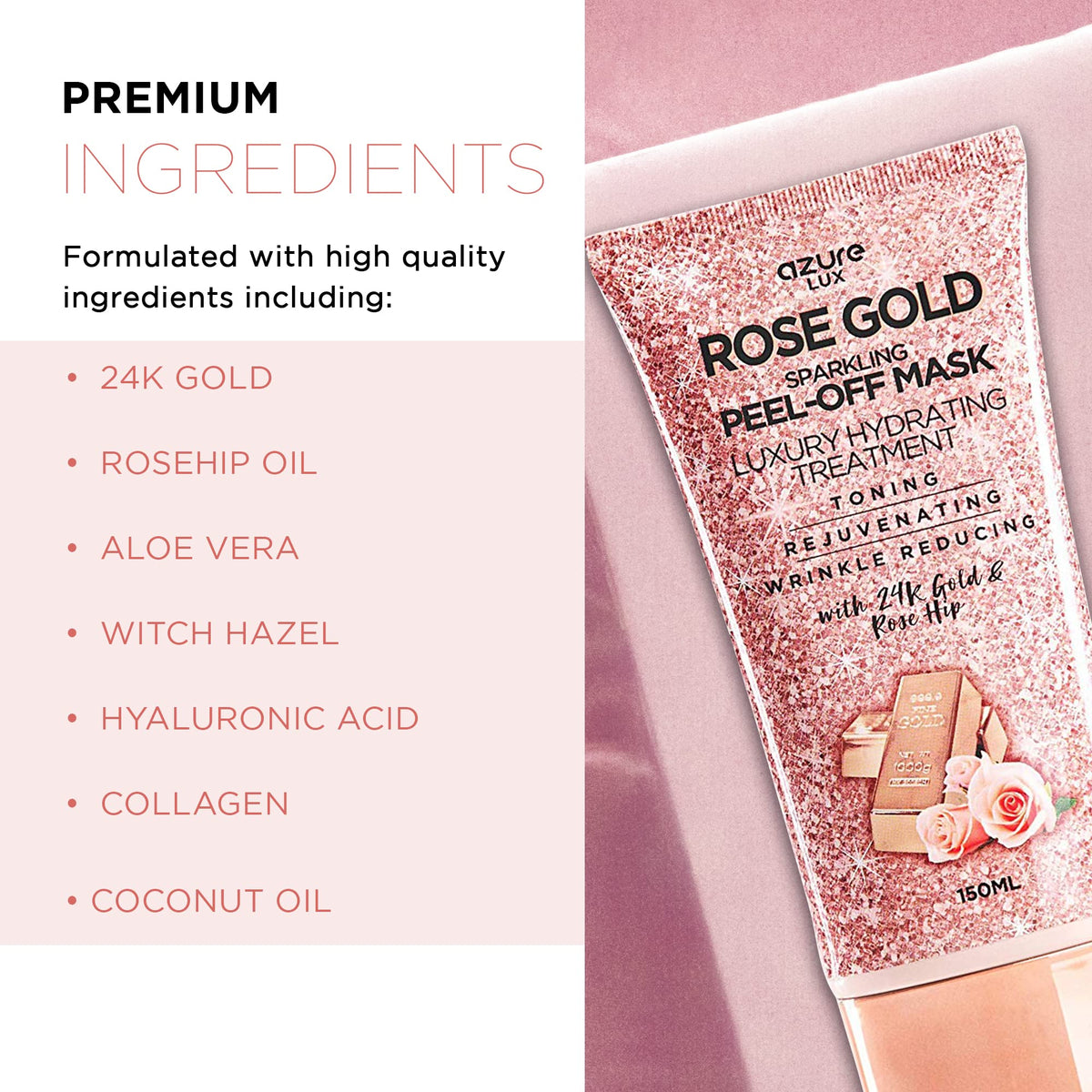 Azure Cosmetics open jar revealing shimmering rose gold mask texture for smooth application