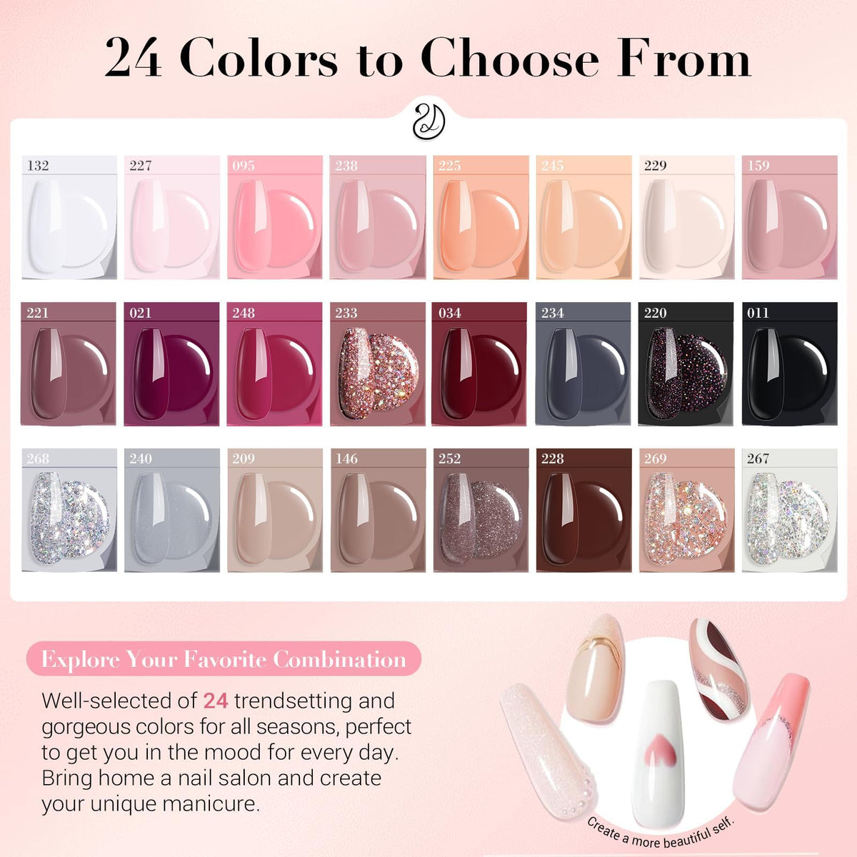 AzureBeauty 24 nude pink and glitter dip powders laid out for color selection