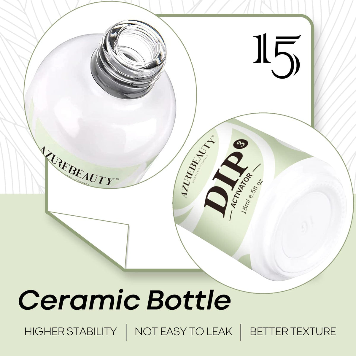 AZUREBEAUTY activator next to a ruler indicating 15 ml bottle size and travel-friendly convenience