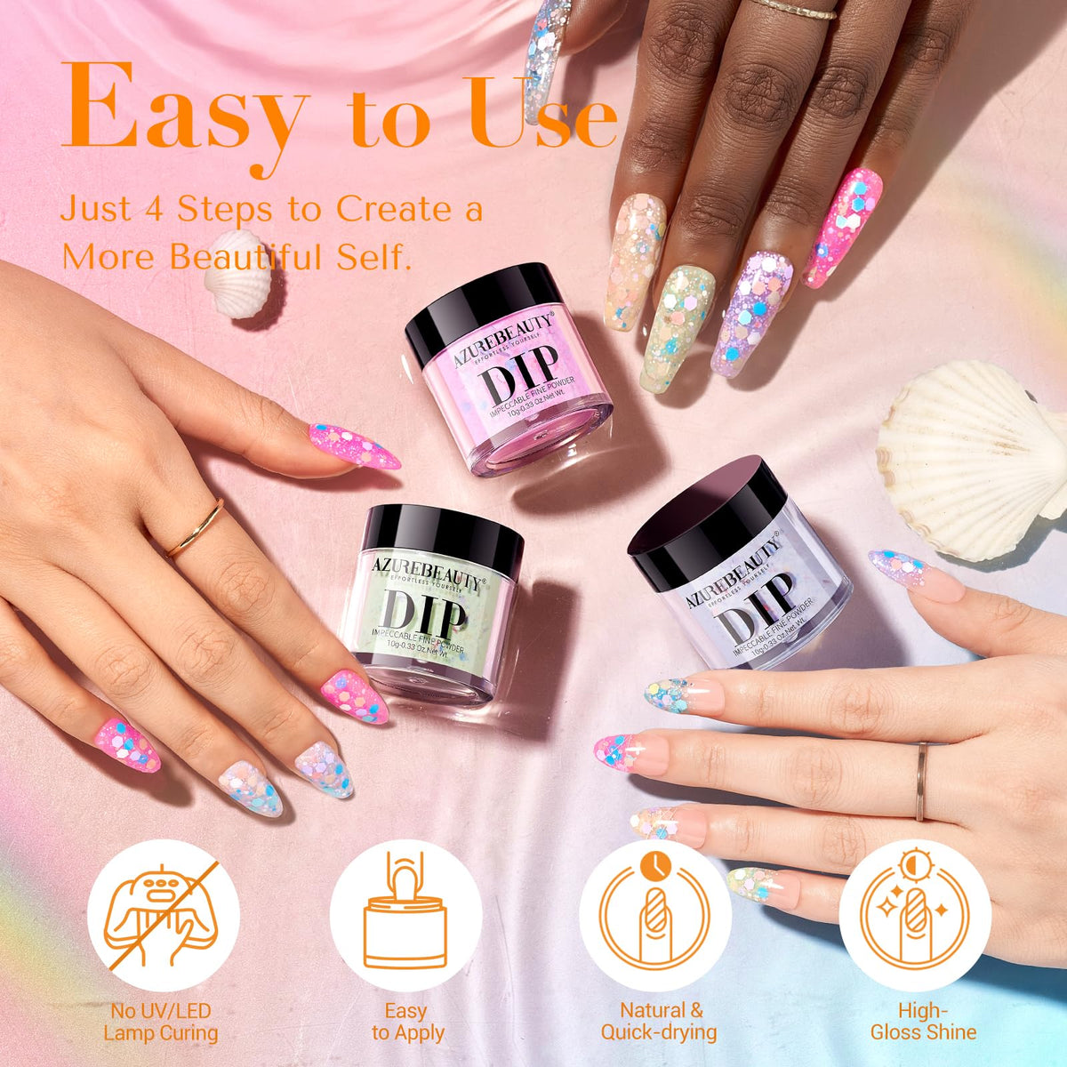 AZUREBEAUTY nail technician dipping a nail, easy lamp-free application benefit