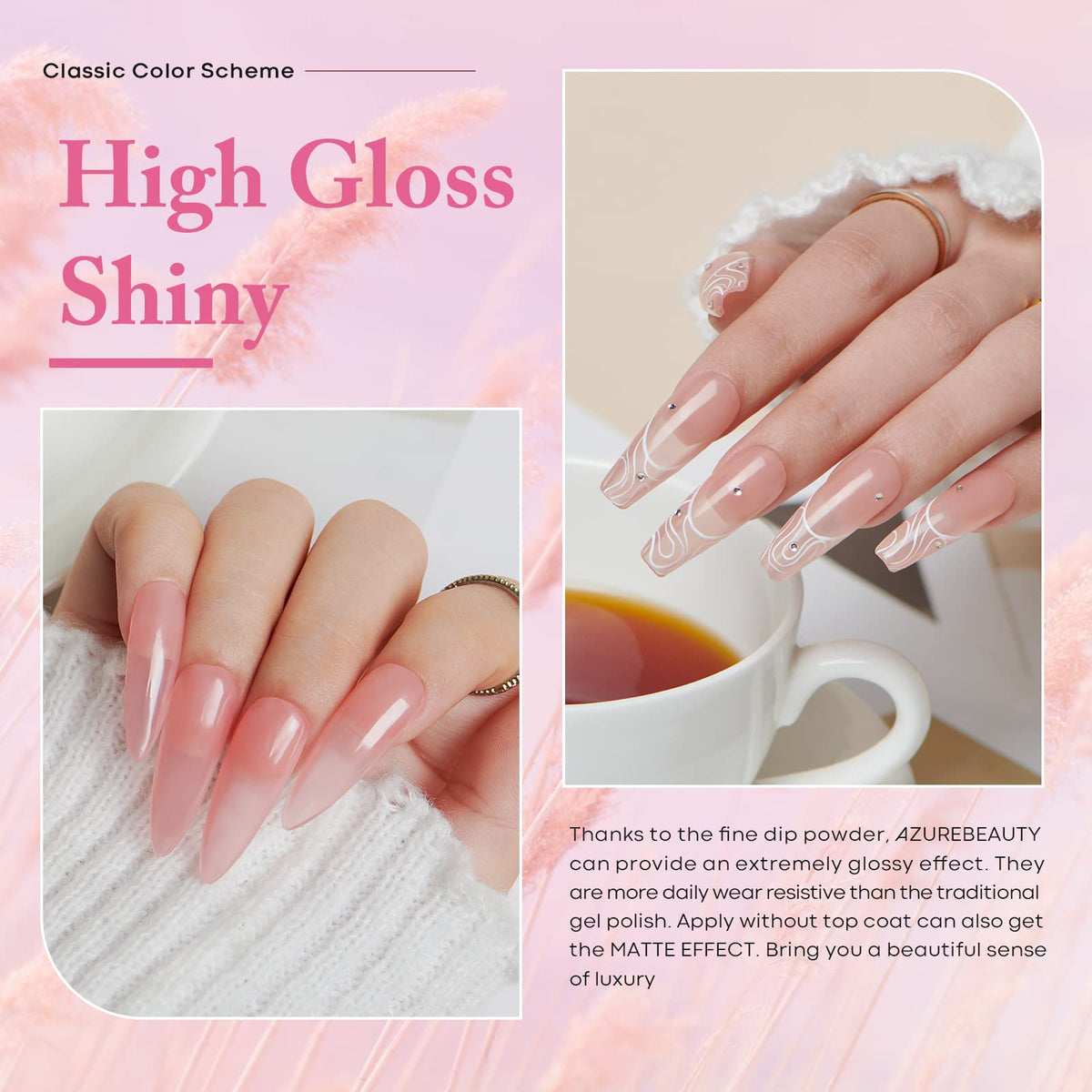 AZUREBEAUTY step-by-step dipping process on a nail to show beginner-friendly application