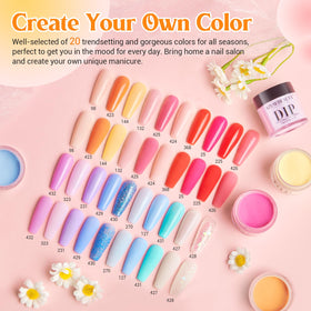 AZUREBEAUTY top-down display of 20 pastel dip powder colors for mixability