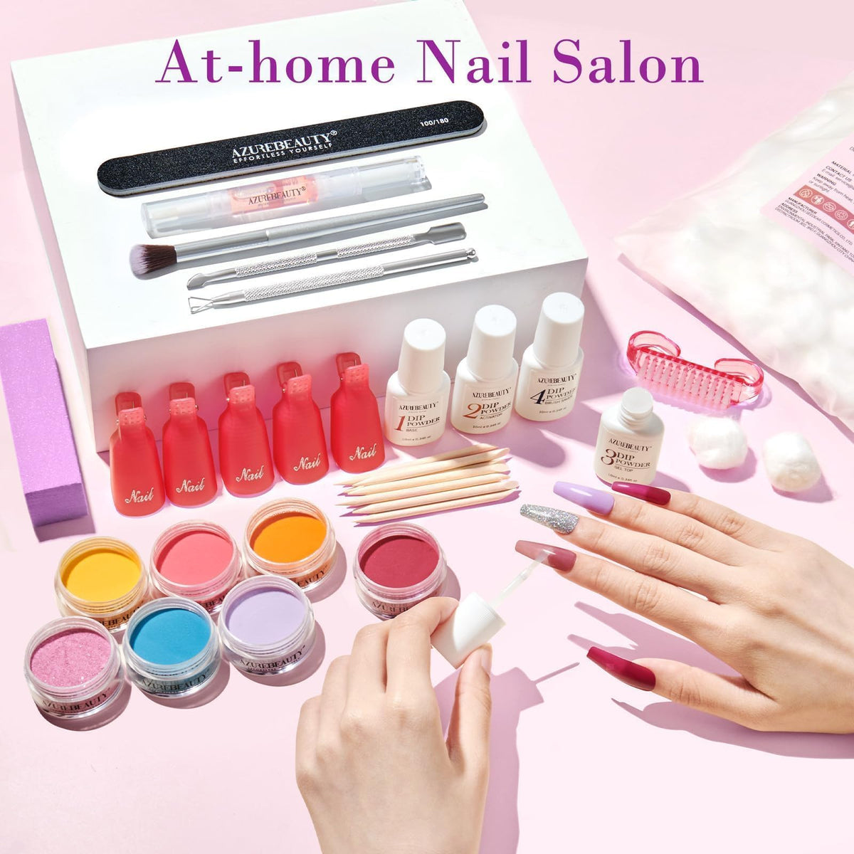 AZUREBEAUTY finished manicure showing pink, red, purple results for durable glossy finish