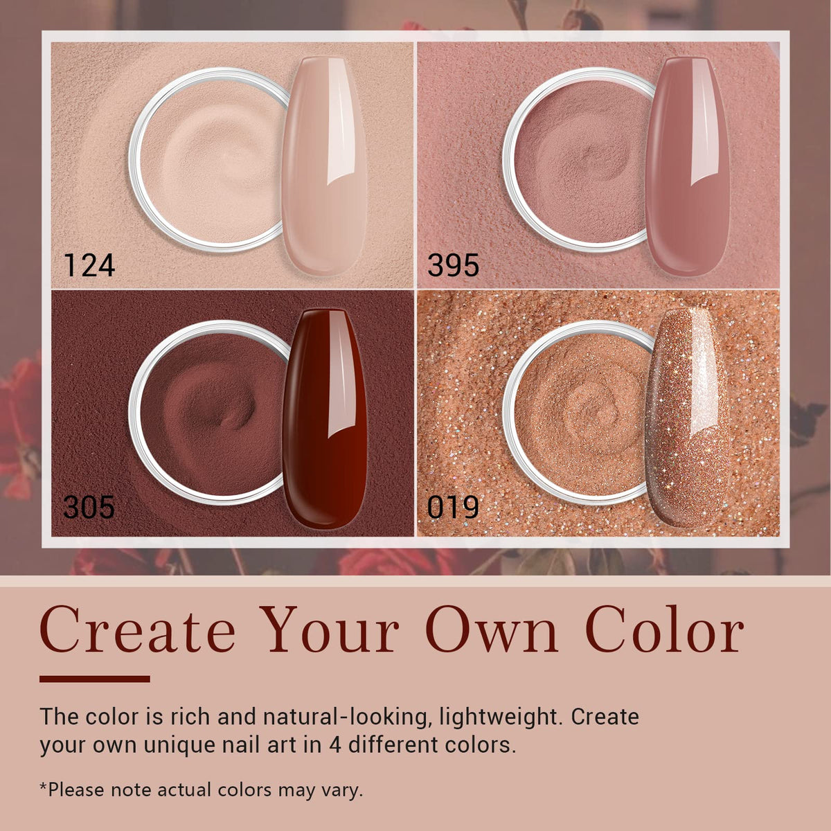 AZUREBEAUTY top view of four 10g powder colors demonstrating shade range