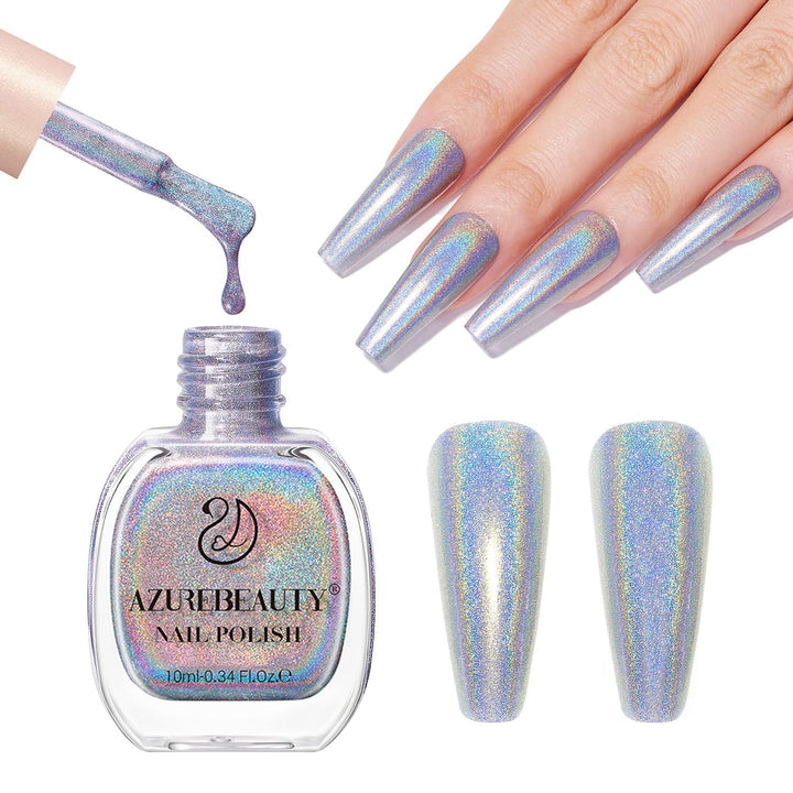AZUREBEAUTY front bottle showing silver holographic finish and glossy shine