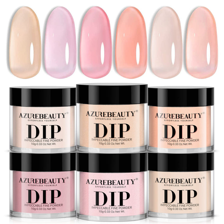 AZUREBEAUTY front packaging showing six translucent dip powders and kit layout for versatile use