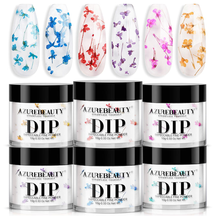AZUREBEAUTY front packaging showing six dried-flower dip powder jars for creative nails