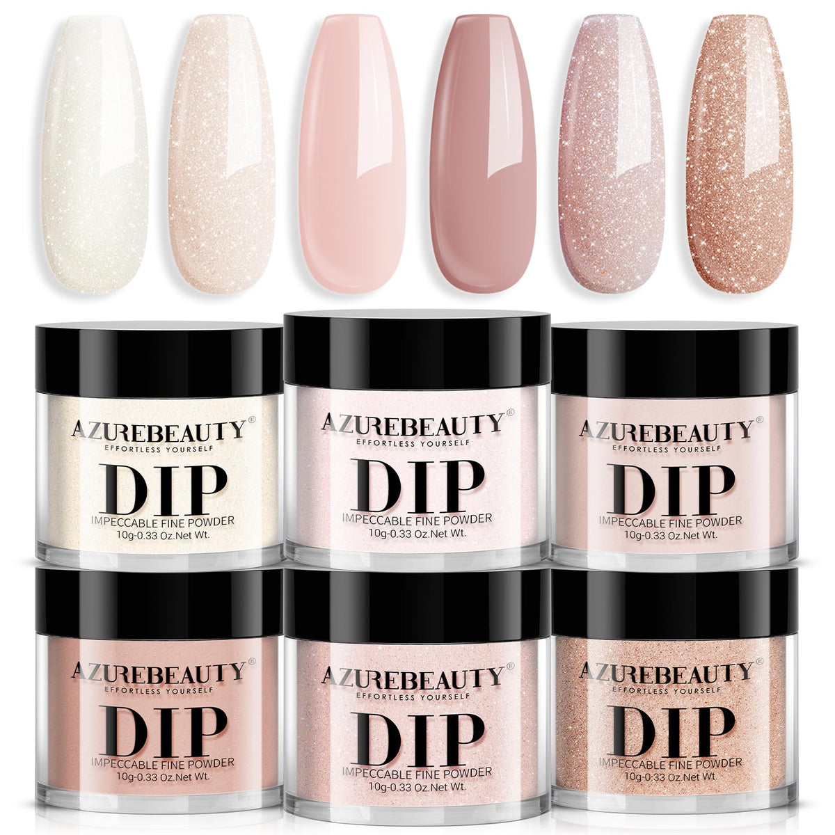 AZUREBEAUTY front packaging showing six nude dip powder boxes and kit benefit portability