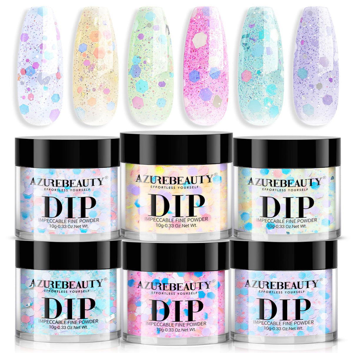 AZUREBEAUTY front packaging showing six spring dip powders, clear kit view and benefits