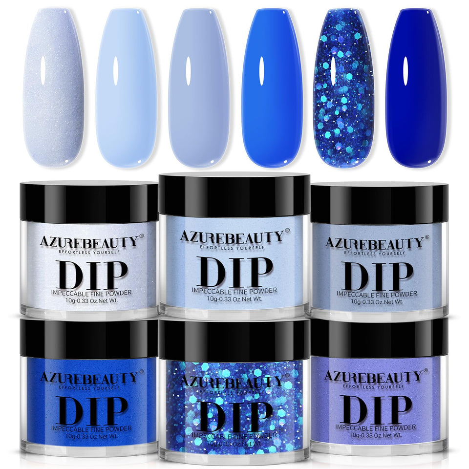 AZUREBEAUTY front packaging showing six sky-blue dip powders and kit benefits