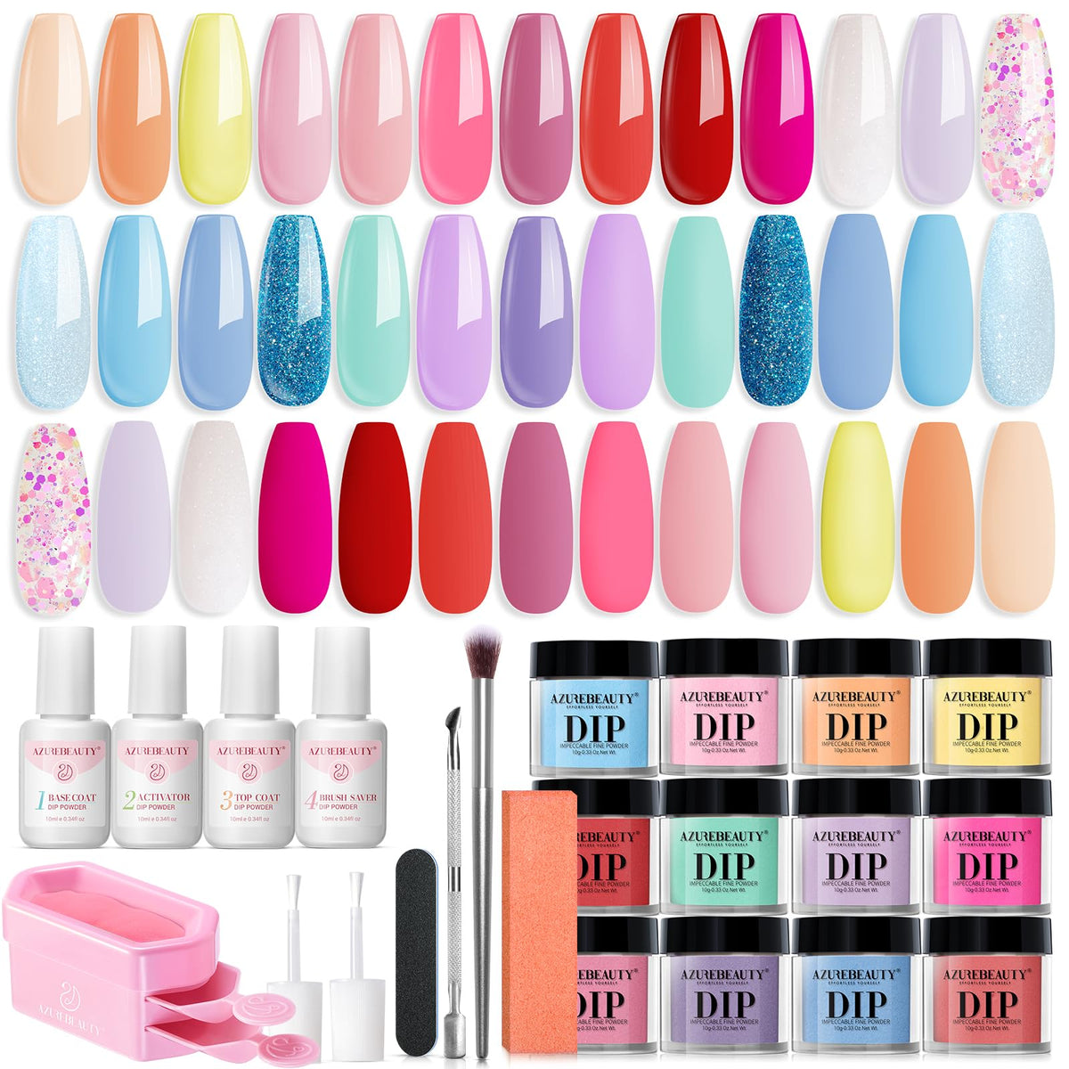 AZUREBEAUTY front packaging showing 31-piece dip powder kit and included items