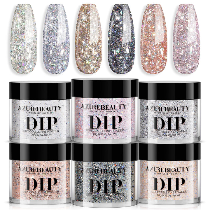 AZUREBEAUTY front packaging showing six glitter dip powders and brand clarity