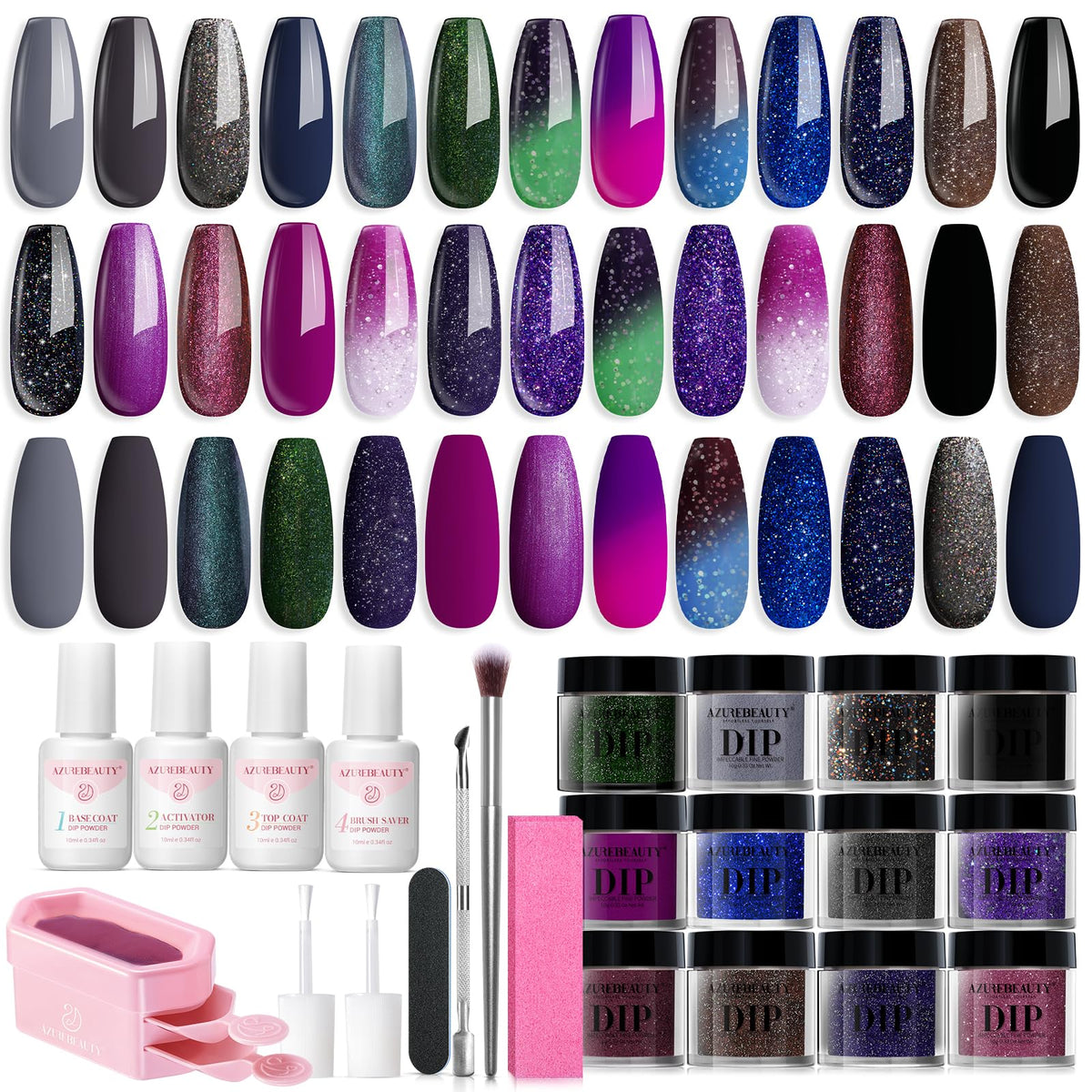 AZUREBEAUTY front packaging showing all powders and liquids for quick identification and convenience