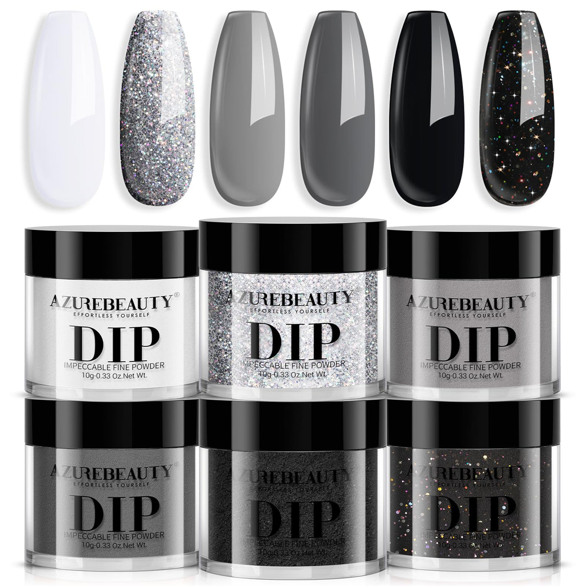 AZUREBEAUTY kit front packaging showing six dip powder jars for salon-quality results