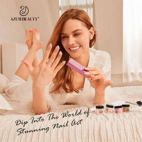 AZUREBEAUTY lifestyle shot of woman at cafe displaying natural-looking nude manicure