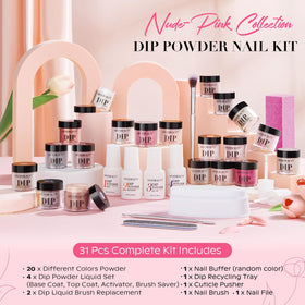 AZUREBEAUTY liquid set bottles showing base, top, activator and brush saver benefits