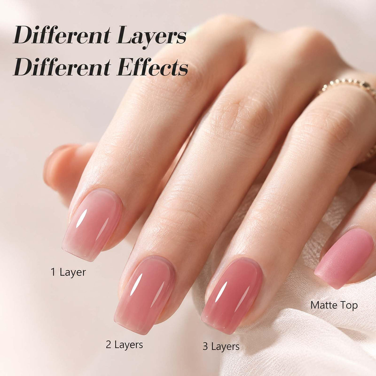 AZUREBEAUTY manicure on hand with milky pink sheer layers, natural look
