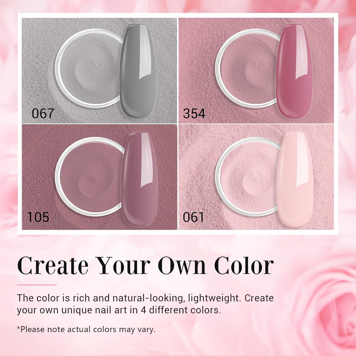 AZUREBEAUTY dip powder jars top view displaying four neutral shades for natural manicures