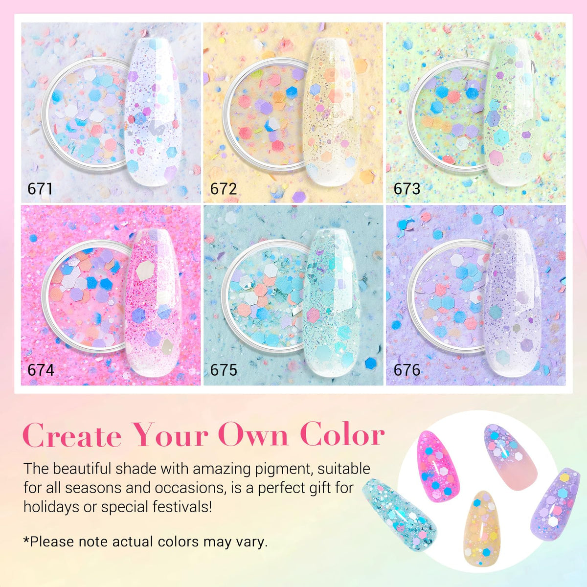 AZUREBEAUTY individual color pots lined up, shows shade variety for creative nails