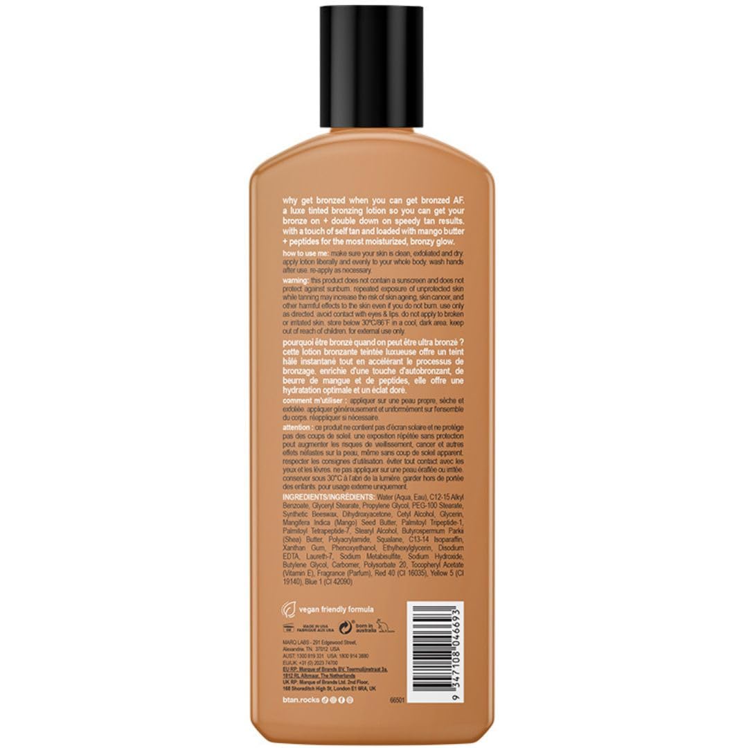 b.tan back label ingredients list highlighting key actives and benefits