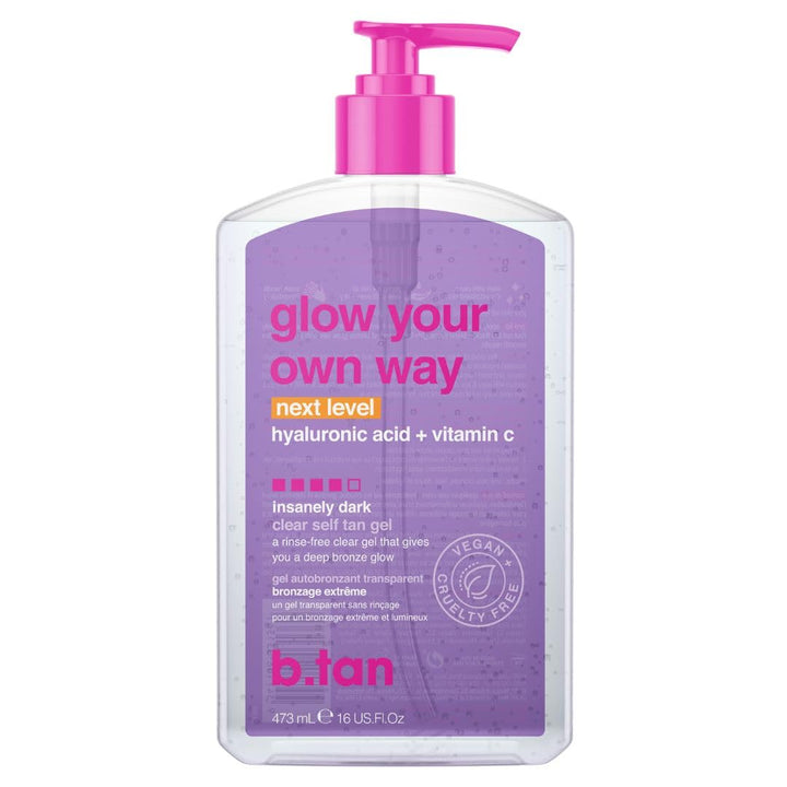 b.tan bottle front view showing clear gel and packaging benefits