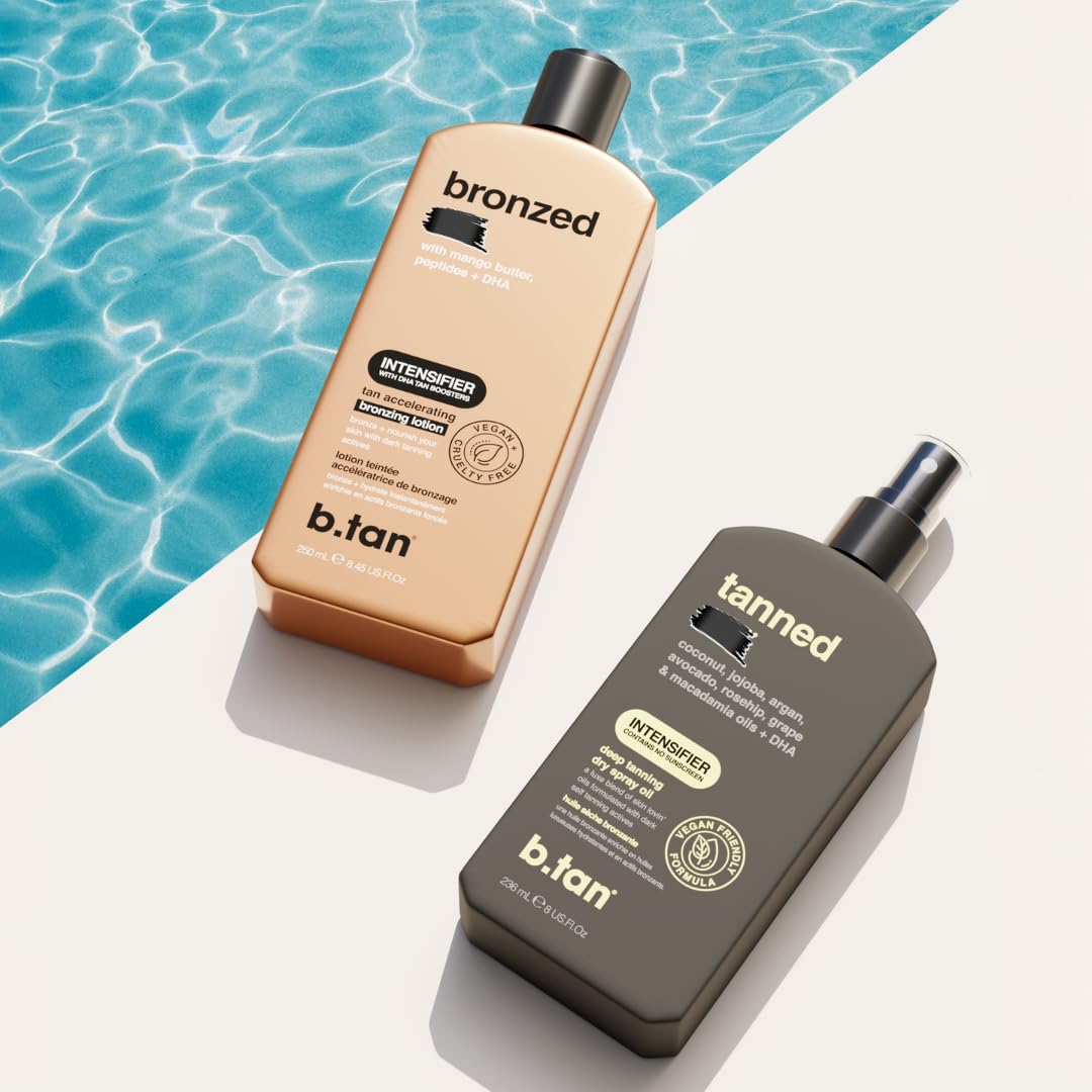 b.tan bottle by beach towel showing lifestyle bronzing and sun readiness