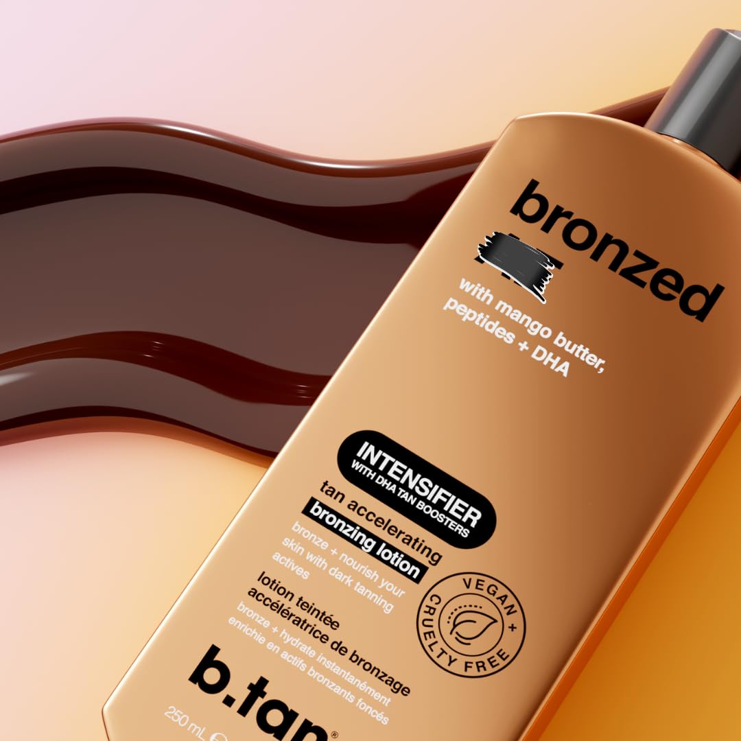 b.tan lotion spread on skin highlighting blendability and quick absorption