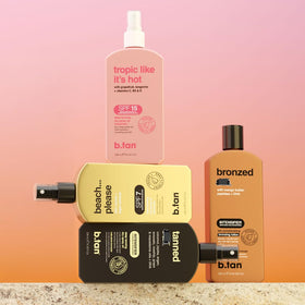 b.tan bottle in hand showing 8.45 fl oz scale and travel-friendly size