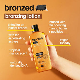 b.tan lotion texture close-up showing creamy hydration and smooth finish