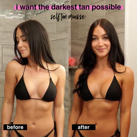 b.tan arm before and after applying showing even, deep bronze result