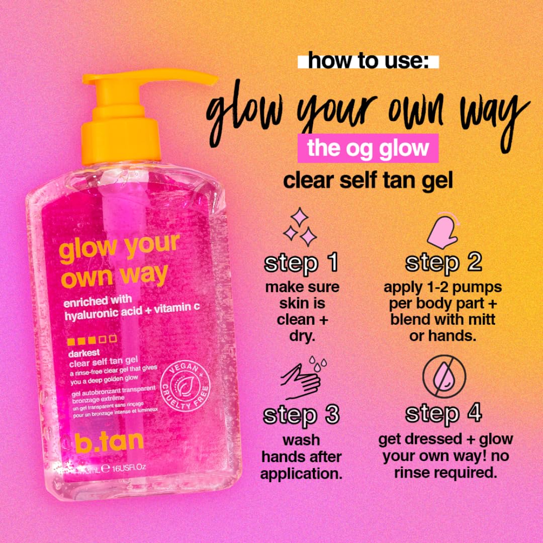 B.TAN bottle staged with towel illustrating travel-friendly, everyday tanning routine