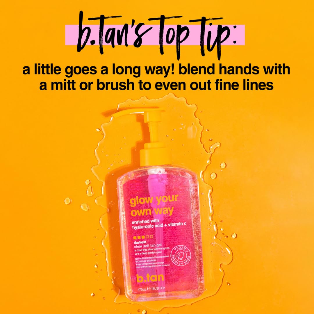 Close-up of B.TAN ingredients label highlighting hyaluronic acid and vitamin C benefits