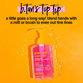 Close-up of B.TAN ingredients label highlighting hyaluronic acid and vitamin C benefits