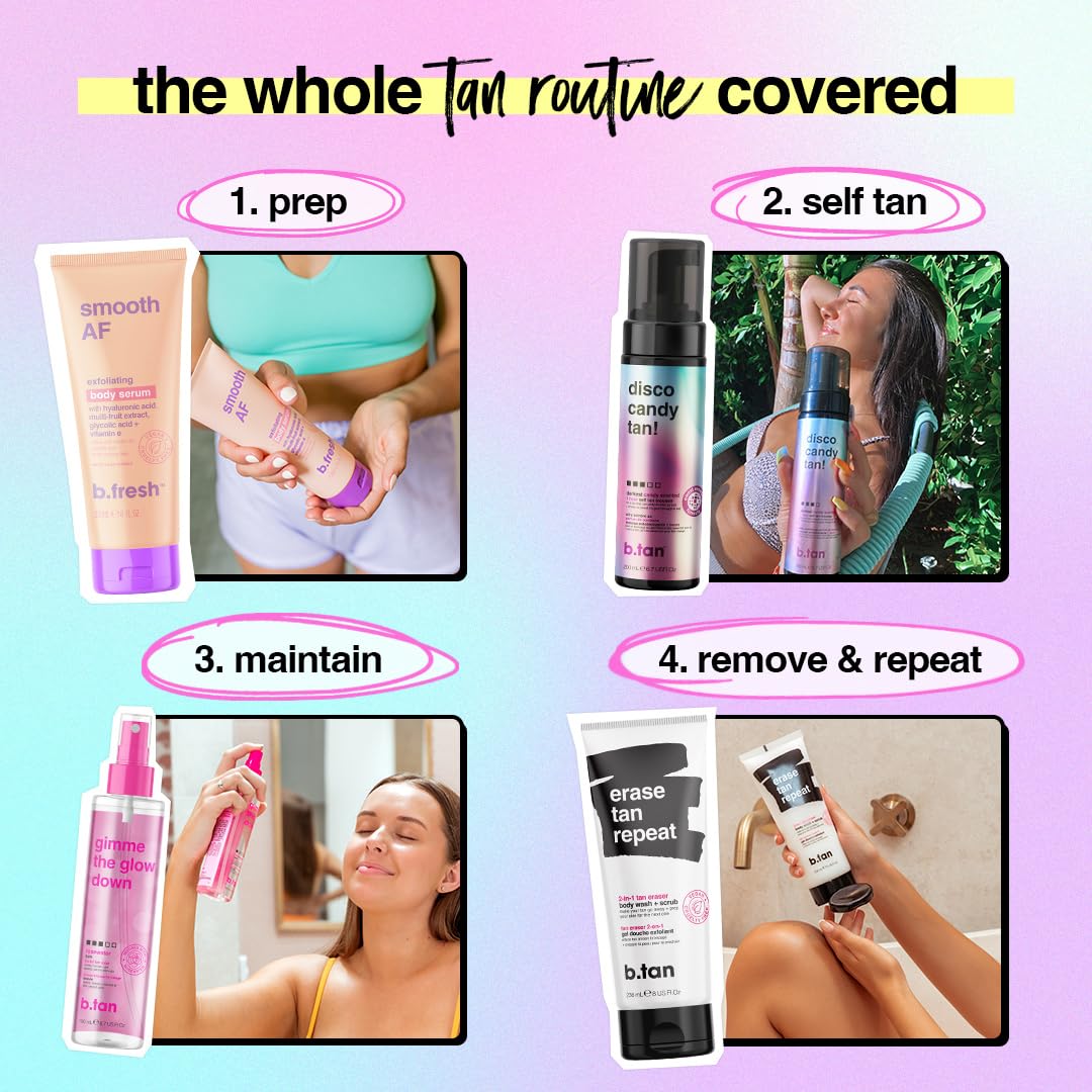b.tan lifestyle shot at a party highlighting long-lasting, sweat-resistant tan