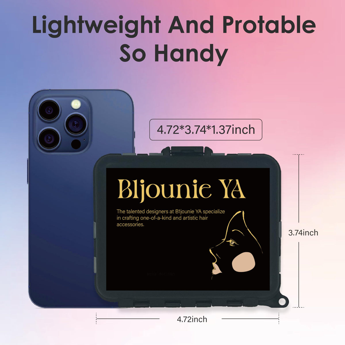 B1jounie YA size comparison with hand to show compact box portability and scale