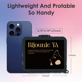 B1jounie YA size comparison with hand to show compact box portability and scale