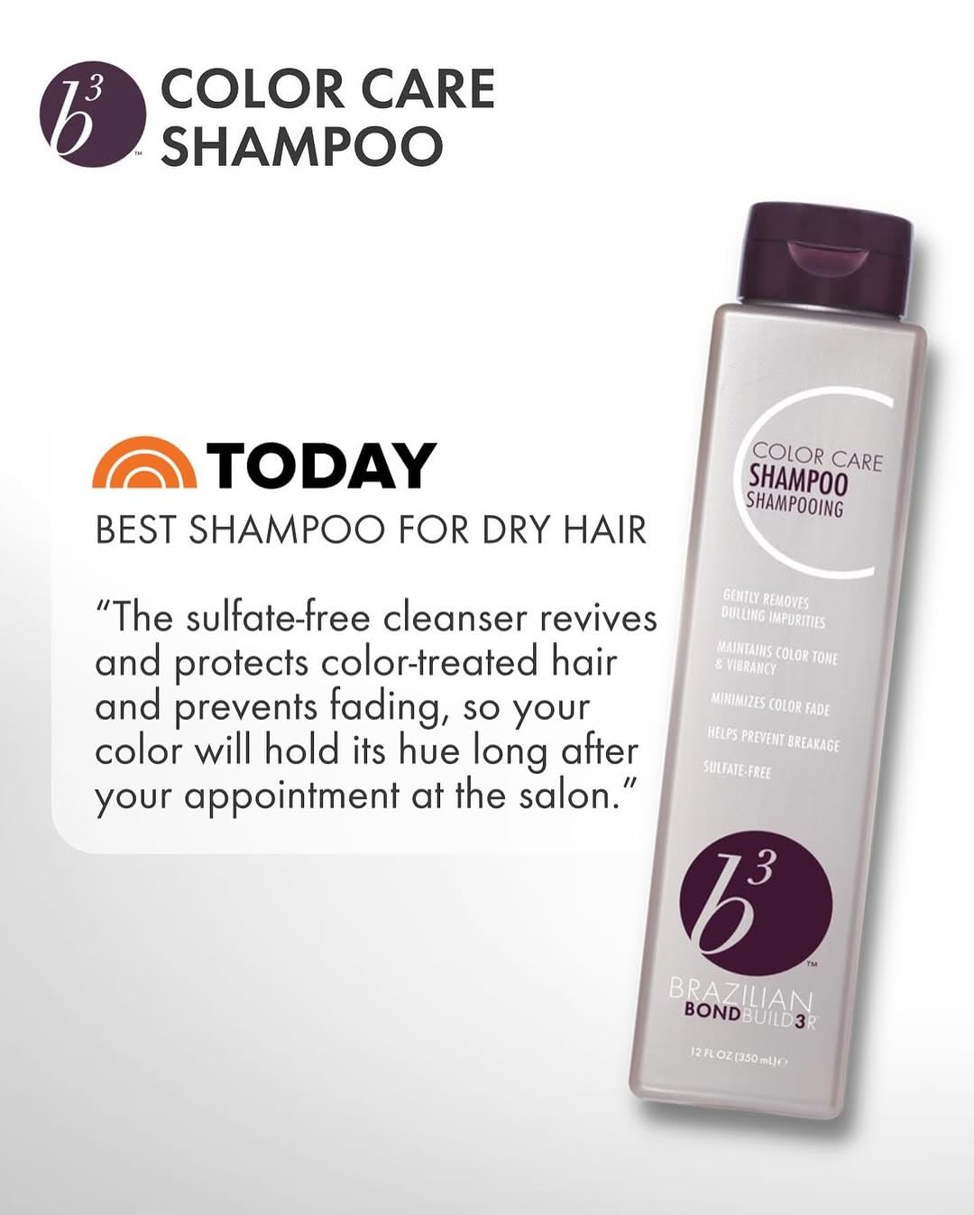 B3 Brazilian Bondbuilder bottle beside vibrant hair illustrating preserved color and shine