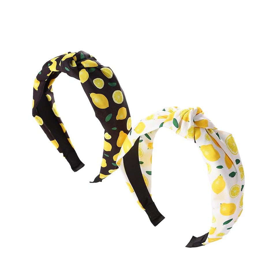 BaBakiak front view showing two lemon print headbands and wearable options