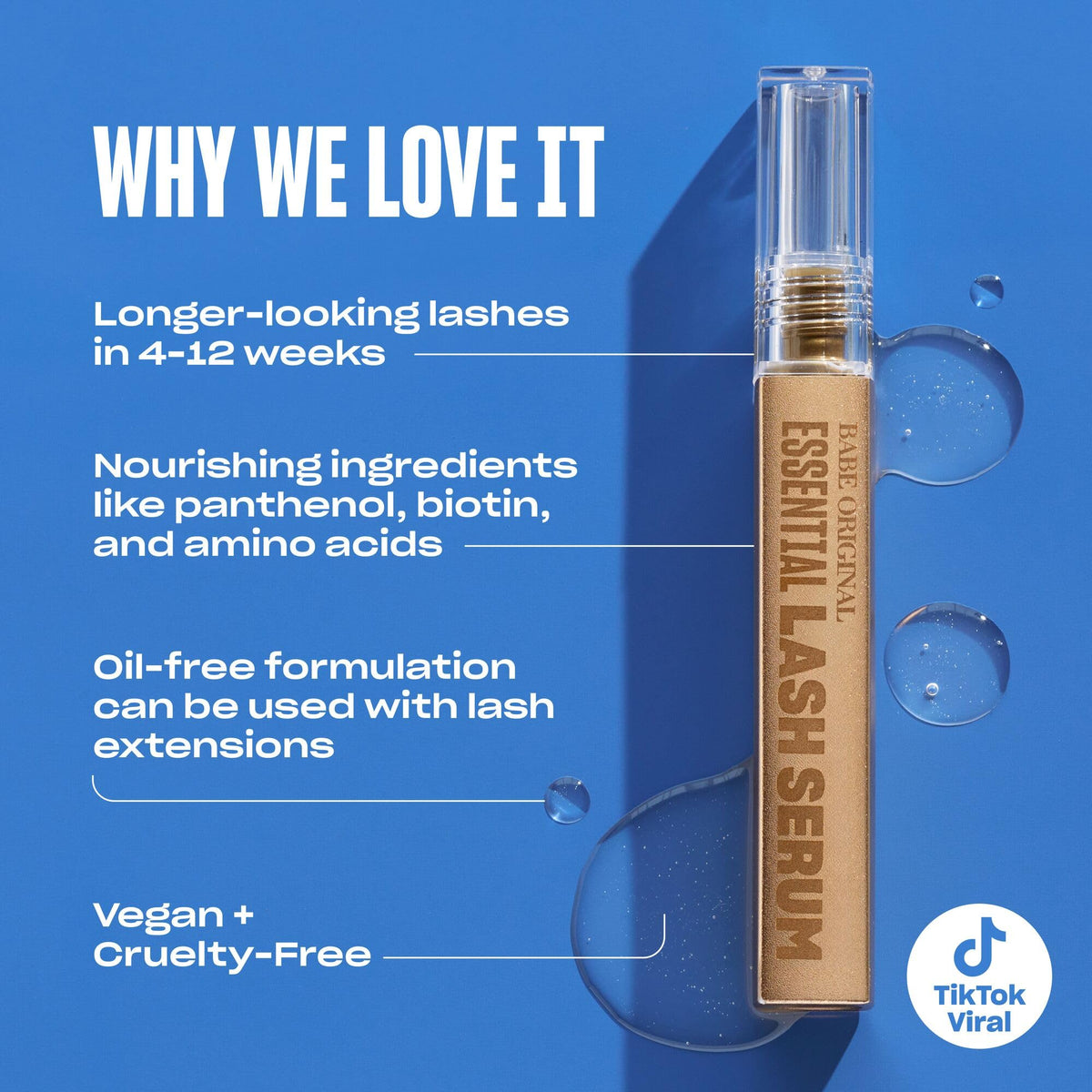 BABE ORIGINAL clear serum texture close-up highlighting lightweight, non-greasy finish