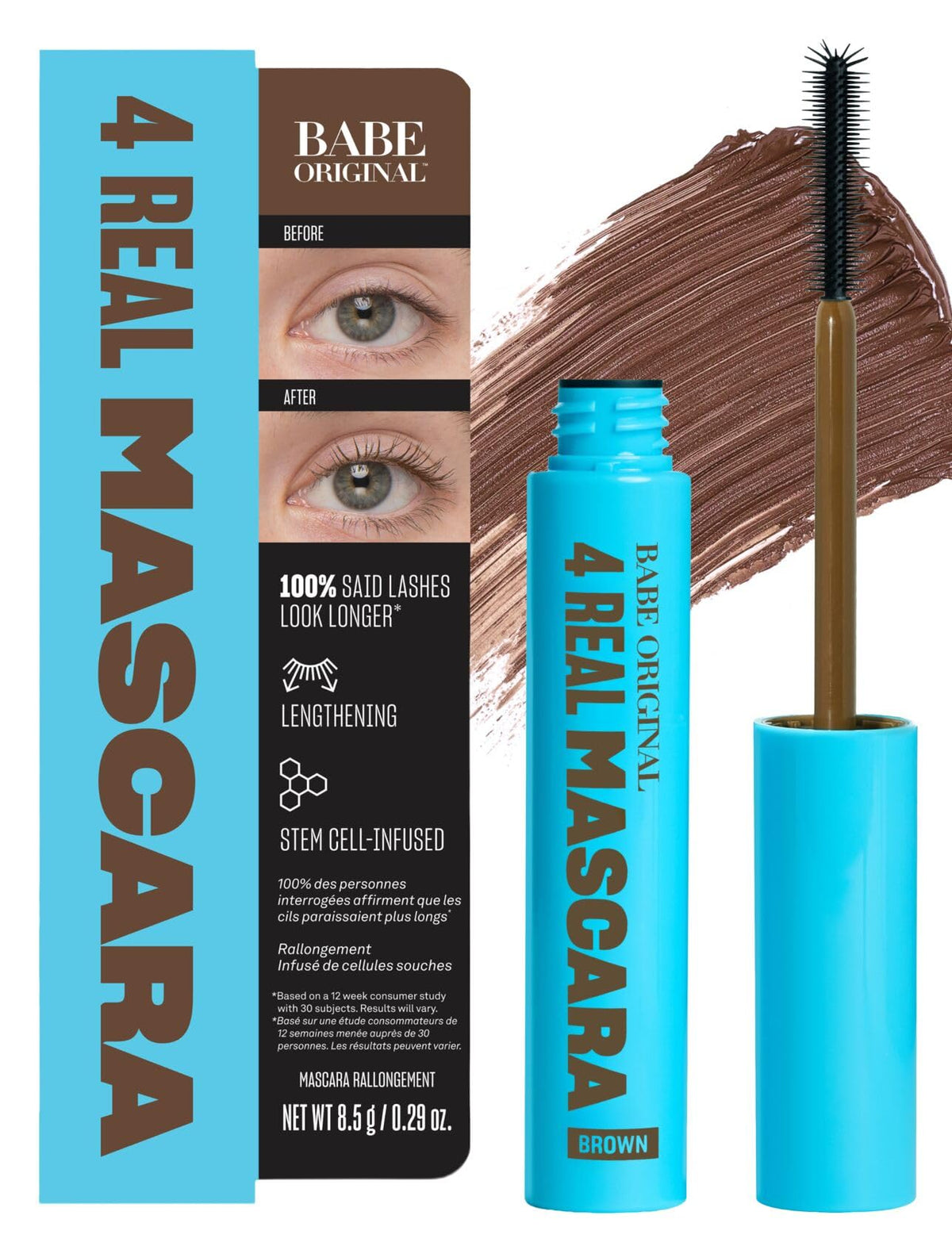 BABE ORIGINAL mascara brown front packaging showing compact tube and shade
