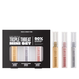 Babe Original triple mini set flatlay showing travel-ready tubes and pouch benefit convenience
