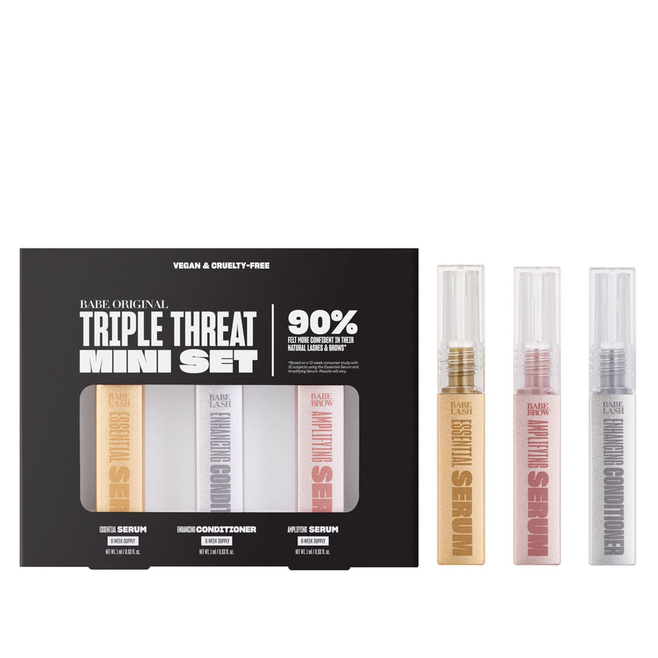 Babe Original triple mini set flatlay showing travel-ready tubes and pouch benefit convenience