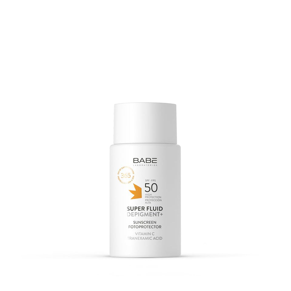 LABORATORIOS BABE Super Fluid Depigment+ front packaging showing 50ml bottle for high SPF protection