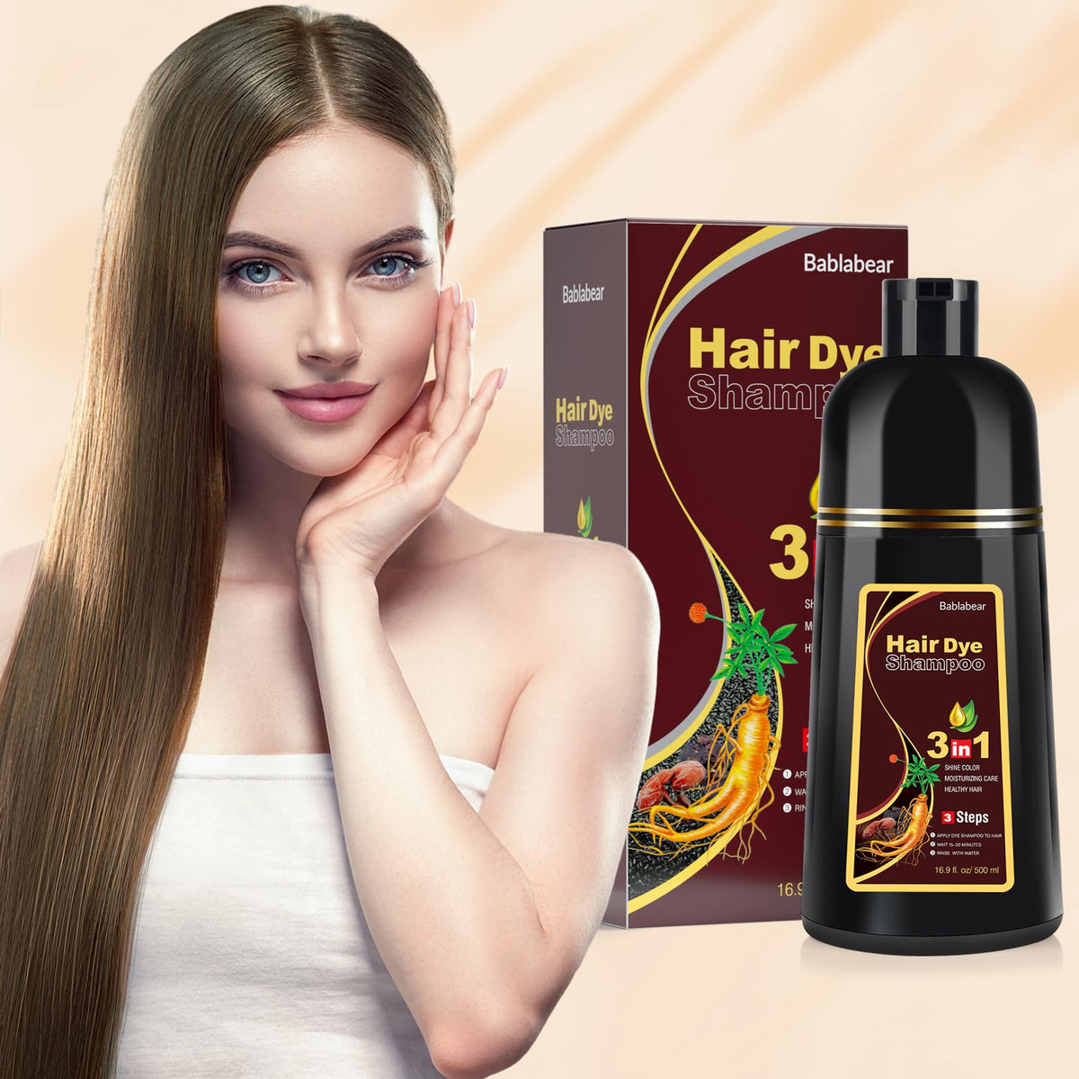 bablabear after-shampoo result on model shows natural chestnut shine