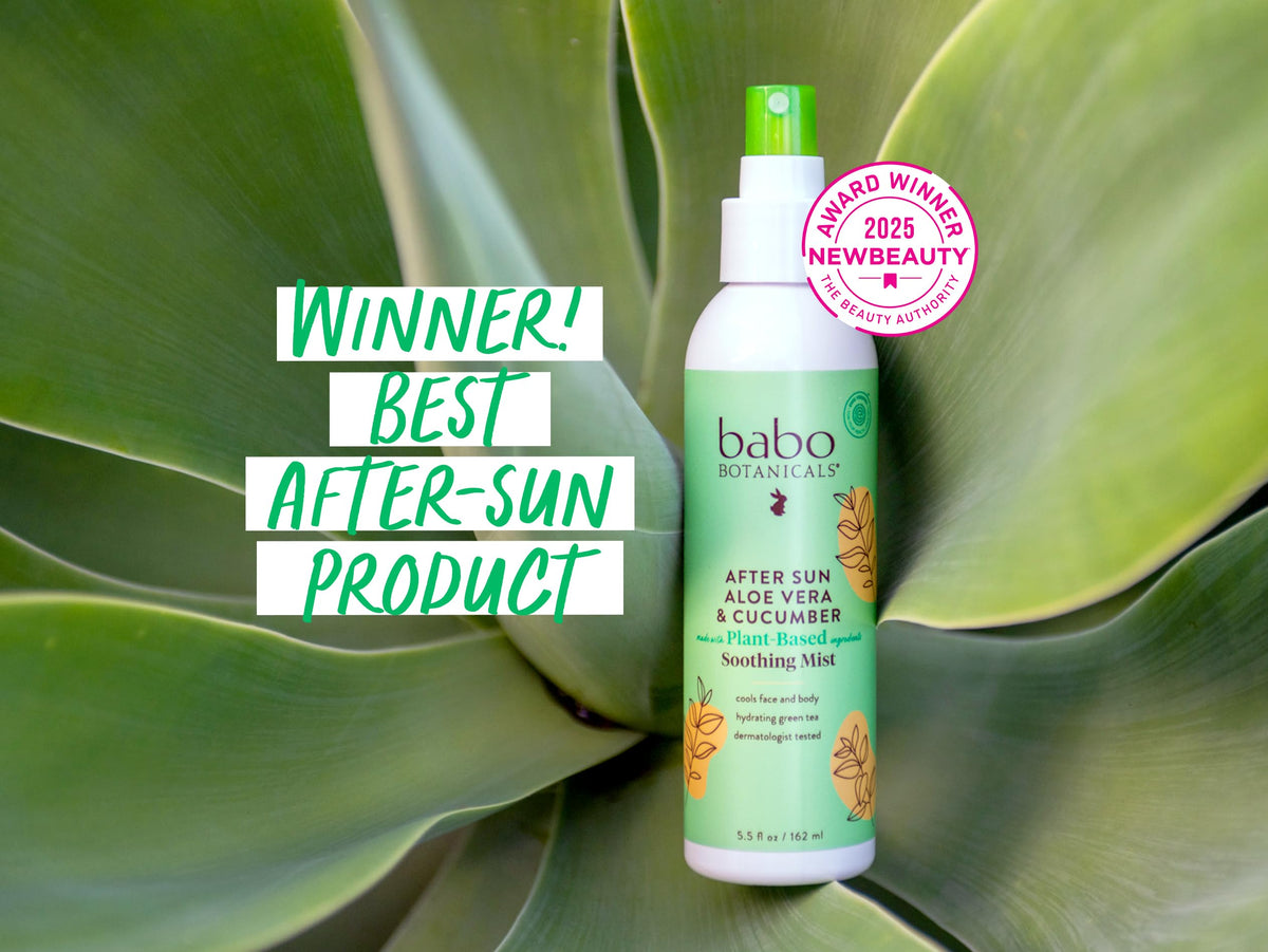 Babo Botanicals bottle beside fresh aloe illustrating plant-based formula