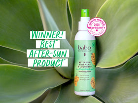 Babo Botanicals bottle beside fresh aloe illustrating plant-based formula