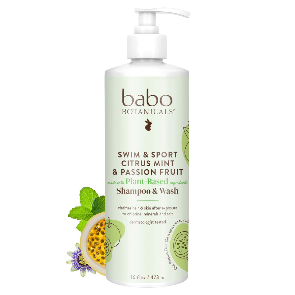 Babo Botanicals front bottle showing Swim & Sport label and citrus mint scent benefit